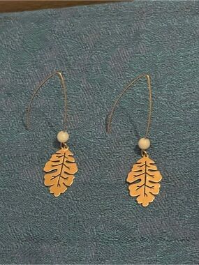 Gold Leaf Drop Earrings with Ivory Bead - Women Jewelry